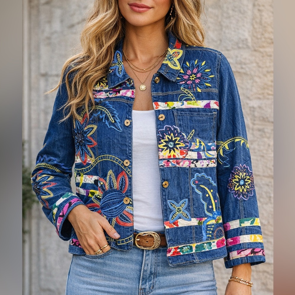 Norm Thompson Embroidered Denim Jacket Boho Artwear Floral Statement Size Small